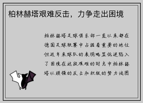 柏林赫塔艰难反击，力争走出困境
