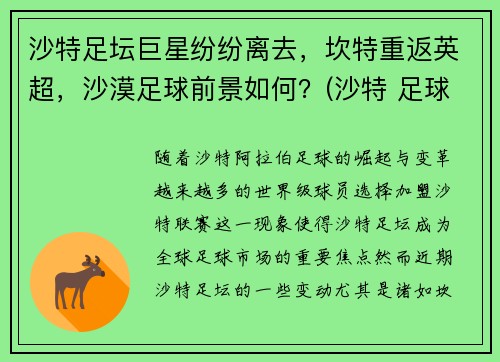 沙特足坛巨星纷纷离去，坎特重返英超，沙漠足球前景如何？(沙特 足球俱乐部)