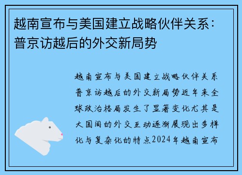 越南宣布与美国建立战略伙伴关系：普京访越后的外交新局势