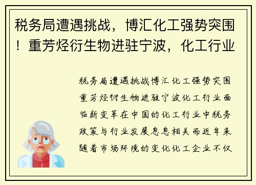 税务局遭遇挑战，博汇化工强势突围！重芳烃衍生物进驻宁波，化工行业面临新变革