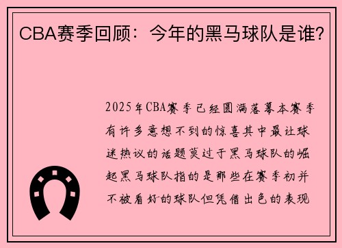 CBA赛季回顾：今年的黑马球队是谁？